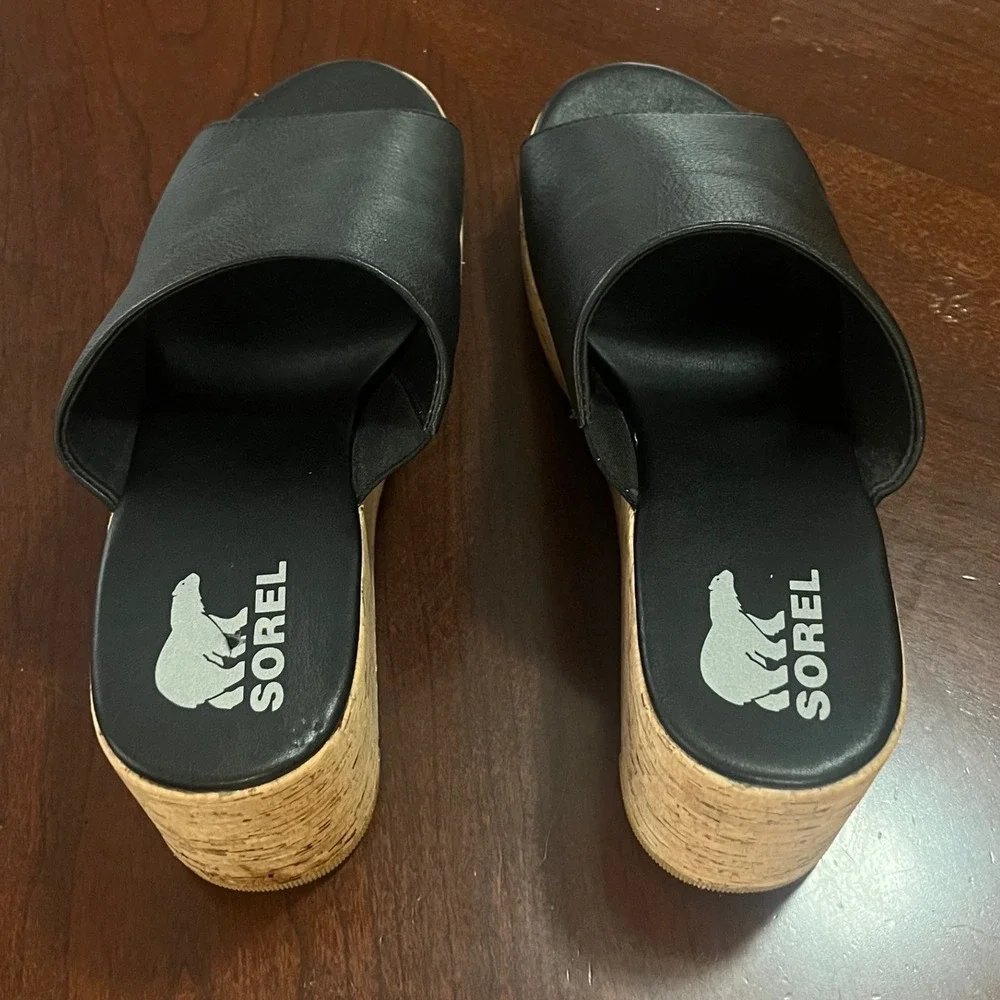Sorel Cameron Flatform Wedge Mules Black Leather Cork Sandals NL4643-011 Size 12